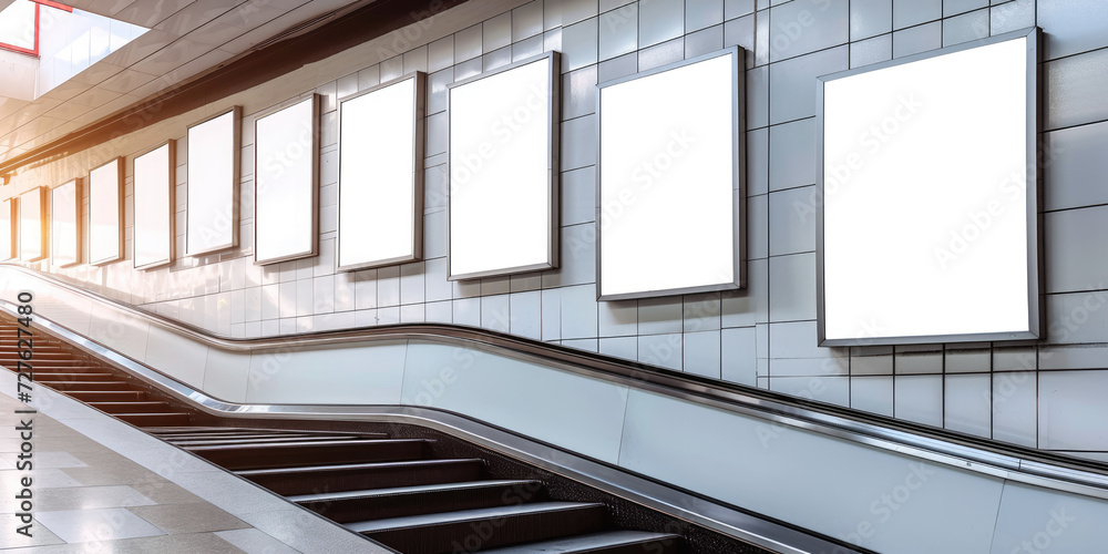Fototapeta premium a group of four blank escalators outside in a shopping center,Empty billboards on a city street,Mock up Poster media template Ads Media display in Subway station