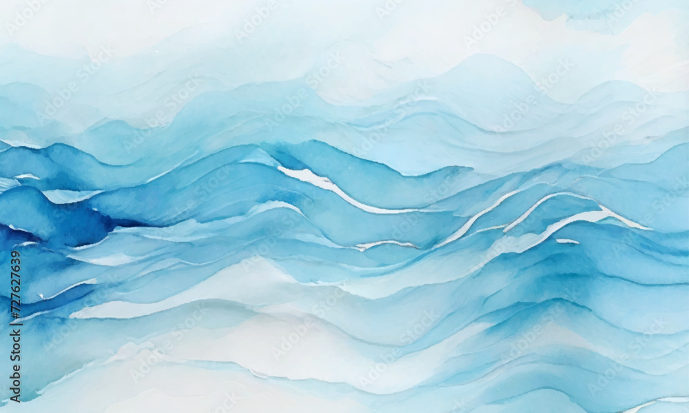 Vector ocean watercolor soft blue and white wavey curve line background. Blue water ocean sea wave seamless background. - obrazy, fototapety, plakaty 
