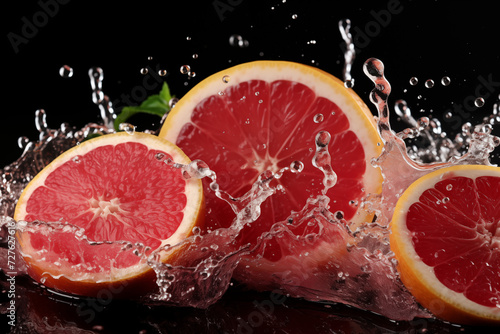 Dynamic capture of sliced grapefruits making a splash. Concept for refreshing summer beverages  healthy fruit diets  or vibrant food blogs. Copy space available.