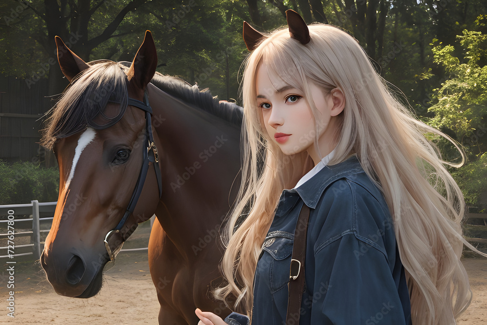 Obraz premium girl with horse in forest