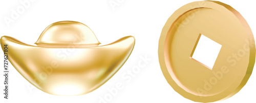 chinese gold ingot and gold coin for chinese new year transparent background