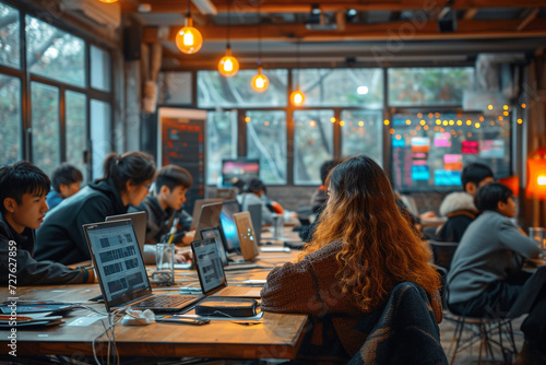 People from various backgrounds gathered in a vibrant cafe  engaging in a lively business meeting while working together on laptops  smiling and enjoying coffee