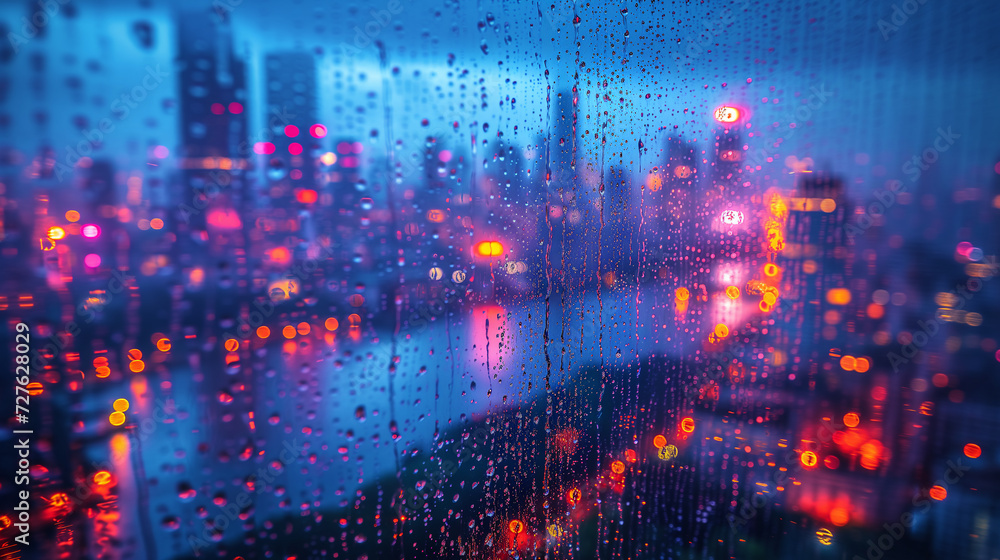 a close-up of the transparent glass of the window, on which raindrops are flowing, outside the window, a beautiful modern city can be seen in a blur in the evening with beautiful red-yellow lighting