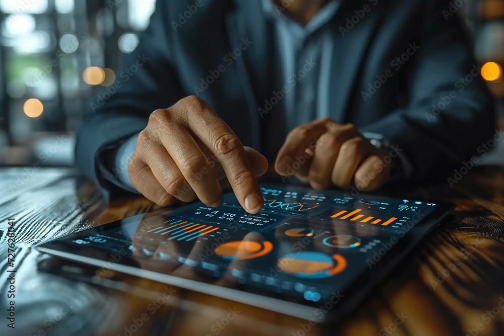 Fototapeta premium Double exposure of People in business are studying and working on the analytics to forecast stock market behavior. CEO with hands crossed in front view