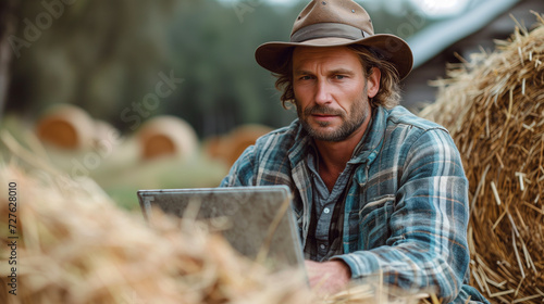 middle-aged male farmer in work shirt and hat sitting on hay in field after harvest at laptop with thoughtful face photo