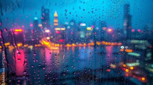 a close-up of the transparent glass of the window  on which raindrops are flowing  outside the window  a beautiful modern city can be seen in a blur in the evening with beautiful red-yellow lighting