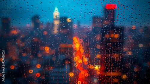 a close-up of the transparent glass of the window, on which raindrops are flowing, outside the window, a beautiful modern city can be seen in a blur in the evening with beautiful red-yellow lighting