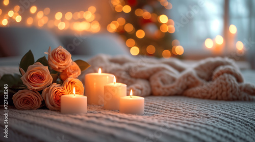 minimalistic romantic atmosphere on the bed with candles and pink roses and with a beautiful bokeh of garlands in the background