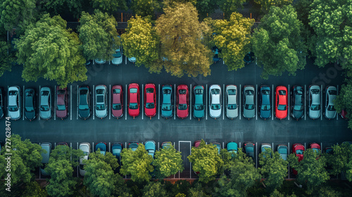 Fototapeta Naklejka Na Ścianę i Meble -  top view of the parking lot, where several cars of various colors are neatly and evenly parked, beautiful green trees grow around the perimeter of the parking lot