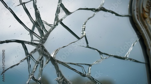 Closeup broken mirror with cracks and fragments. Broken glass with reflection
