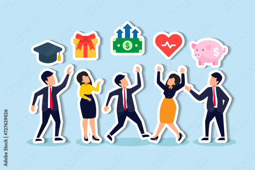 Provide staff perks, compensation for advantage, reward or bonus for employee motivation concept, business people with benefits, scholarship, bonus, salary increase and health insurance.
