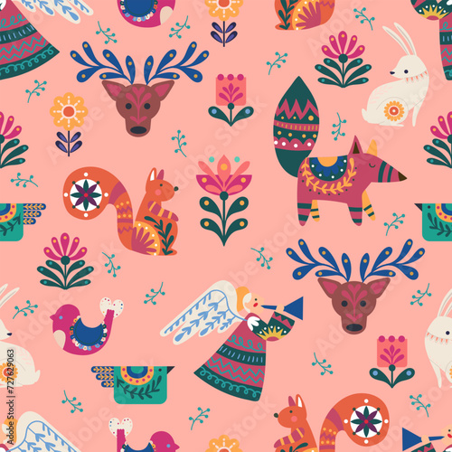 Scandinavian seamless pattern, colorful animals, birds, flowers, Scandinavian minimalistic ornament, background for fabric, textile and gift wrapping, illustration, vector. 