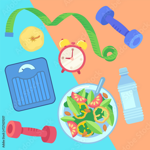 Health and fitness concept. Vector illustration of tape measure, dumbbells, weigh scales, apple, healthy food in plate. Top view. Brightly colored background