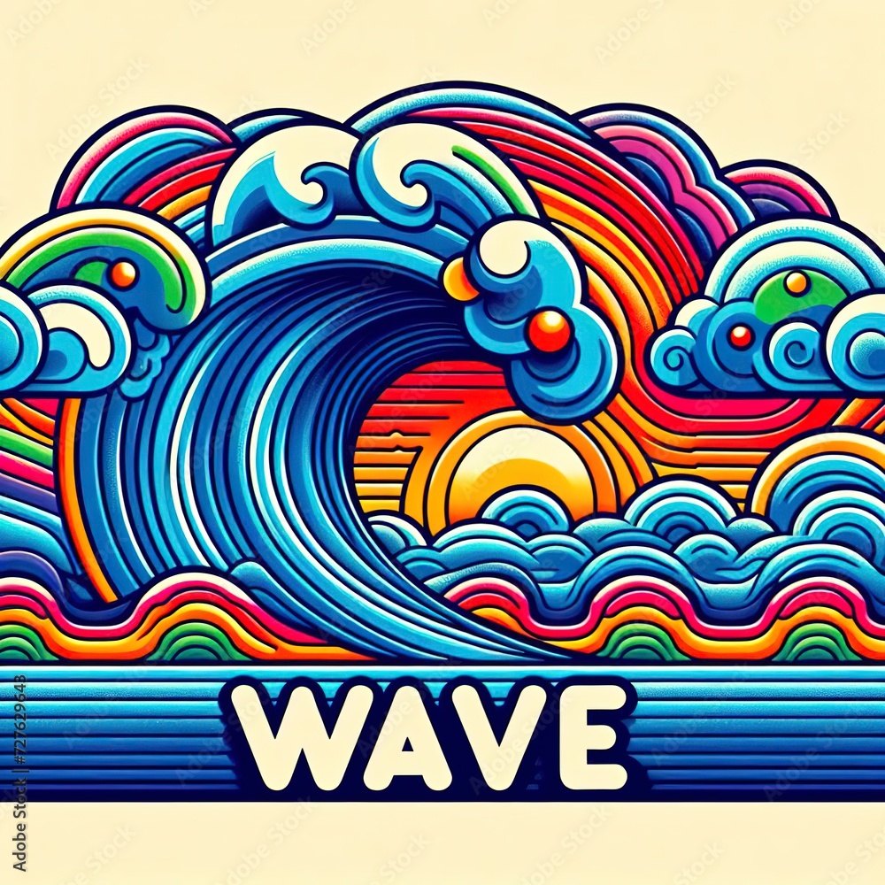 A colorful wave is in the water and the word wave is on the bottom right.