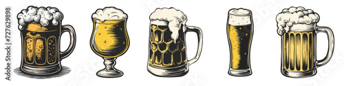 Set of diverse beer glasses and mugs. Color vintage vector engraving illustration for web, poster, invitation to party, brewery or bar menu. Hand drawn design element isolated on white background.