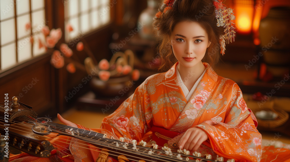 A serene geisha in an ornate kimono playing traditional stringed instrument in a tranquil room adorned with spring flowers.