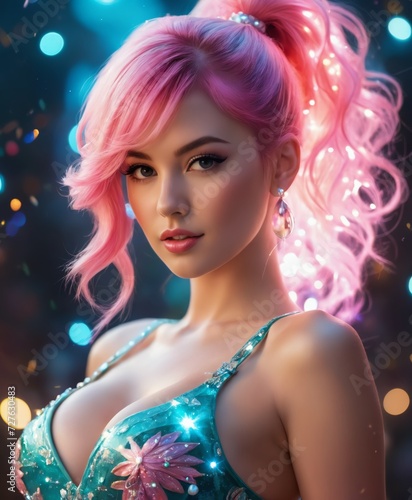 a woman with pink hair and a blue dress with flowers on it and a beautiful bokeh 