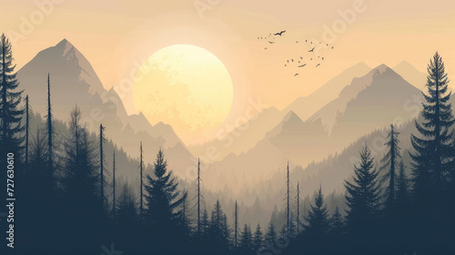 Illustration of a sunset over a beautiful mountain valley with pine tree silhouettes, modern monochrome style