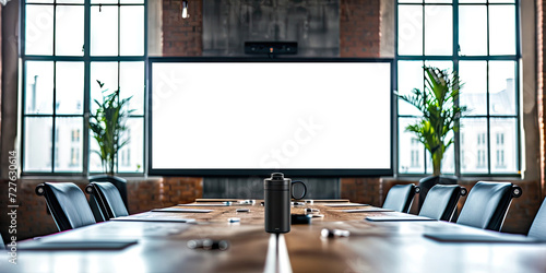 Modern conference room with large screen, for presentations, meetings, webinars, and business events in corporate environments.Mock up projector screen in conference room Business Office building photo