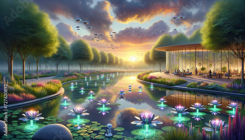 Tranquil Wellness Center with Autonomous Lotus Robots and Rooftop Gardens