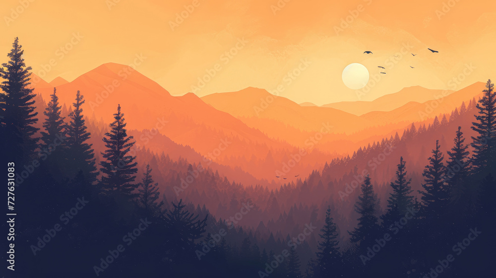 Illustration of a sunset over a beautiful mountain valley with pine tree silhouettes, modern monochrome style