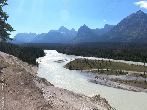 Glaciers melting and forming a river with tributaries with mountain peaks and blue skies in the background 