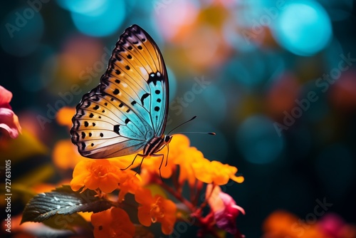 vibrant butterfly on a blooming flower, with a blurred or bokeh background of a lush forest  © capuchino009