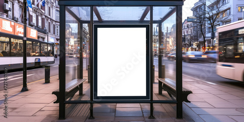 empty blackboard advertising on a bus stop,for advertising mockups and urban city concepts in design projects and presentations.Mock up Billboard Media Advertising Poster template at Bus Station city 