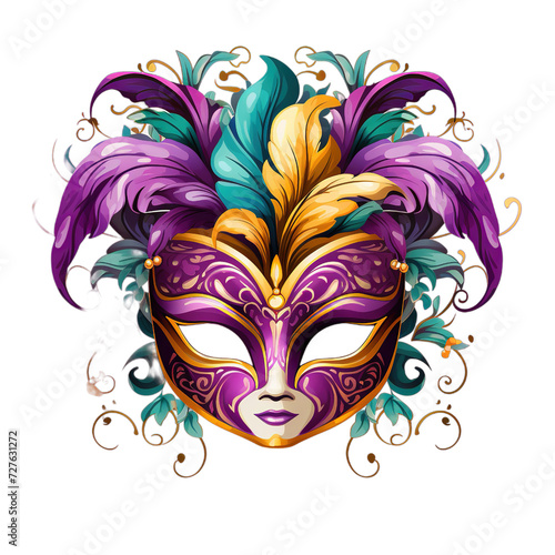 Mardi Gras, Carnival party banner design, golden mask with purple feathers in 3d illustration on white background 