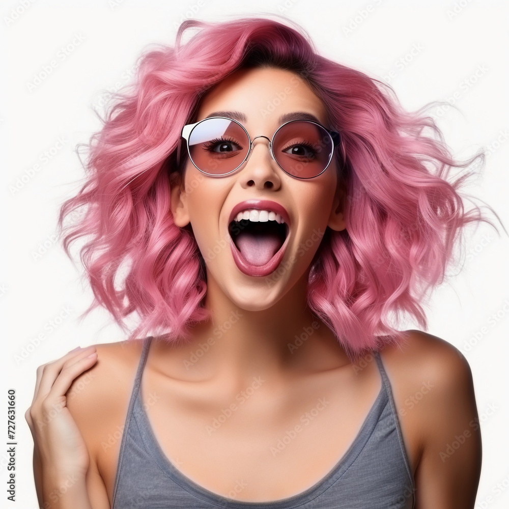 Surprise attractive young woman with sunglasses and pink hair portrait isolated on white background Surprise attractive young woman with sunglasses and pink hair portrait isolated on white background