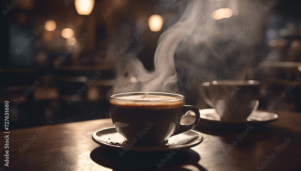 closeup of a cup with steaming coffee closeup of a cup with steaming coffee