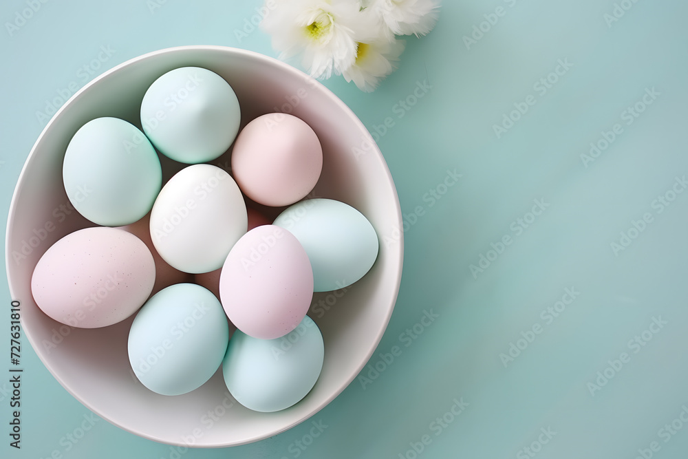 Bowl with pastel blue , pink and white easter eggs on mint green background with copy space