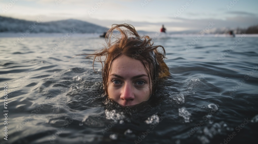 A young woman swimming in a cold lake or river in winter. Tempering, health concepts.