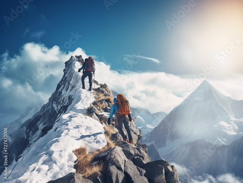 Two climbers climb to the top of a snowy mountain. Professional hiking. Climbing team. Tourism or sport life style concept. 