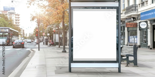 Bus stop with blank billboard, for advertising mockups and urban city concepts in design projects and presentations.Mock up Billboard Media Advertising Poster template at Bus Station city street