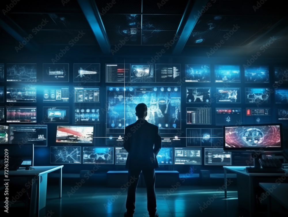 wide banner of security CCTV cameras and guard monitoring screen hud UI for advanced surveillance secure protection system and recording tape archive with online network IP connection wide banner of security CCTV cameras and guard monitoring screen hud UI for advanced surveillance secure protection system and recording tape archive with online network IP connection