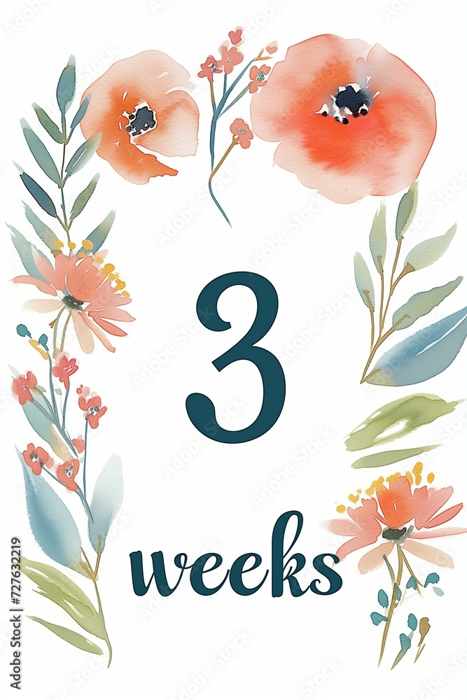 baby milestone card with text 3 weeks and watercolor flowers