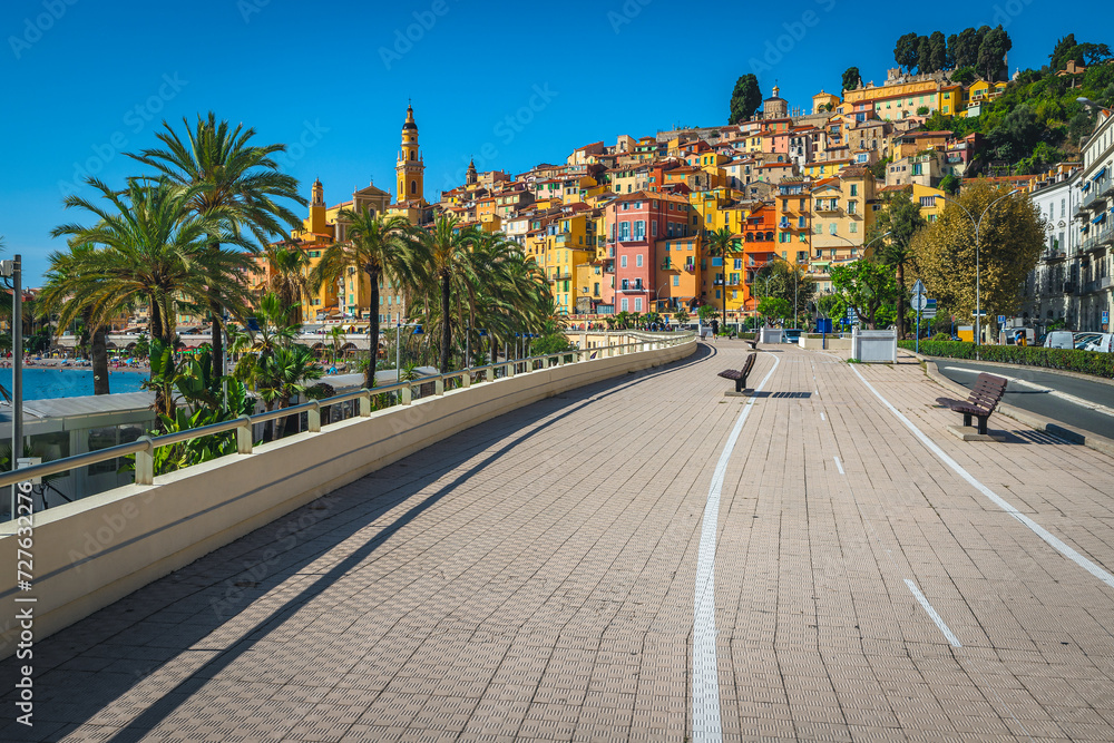 View with old town of Menton from the walkway, France View with old town of Menton from the walkway, France