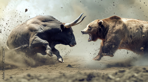 A bull and bear fighting. Stock market price trends bullish or bearish trading photo