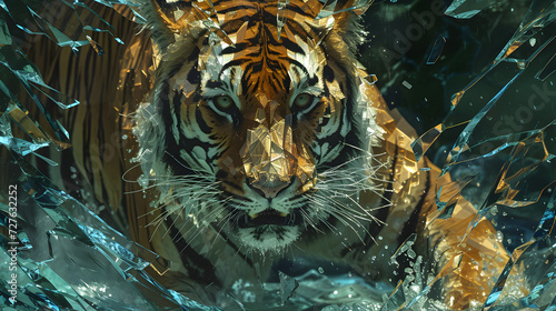 shattered glass art of a tiger, merging strength and fragility in a visually captivating representation of nature's raw beauty photo