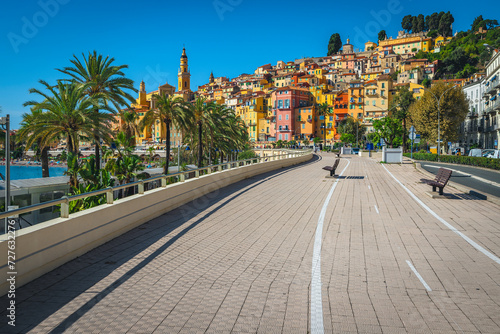 View with old town of Menton from the walkway, France
