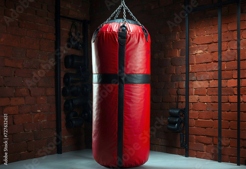 red boxing gloves on the wall a vibrant red punching bag hangs in a dimly lit room inviting you to unleash your inner fighter  
