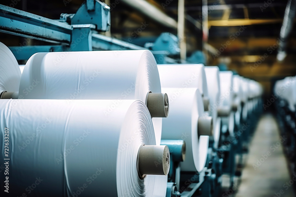 Huge rolls of paper are stored in the factory warehouse. Industrial paper production. Finished products of a paper processing plant. - obrazy, fototapety, plakaty 