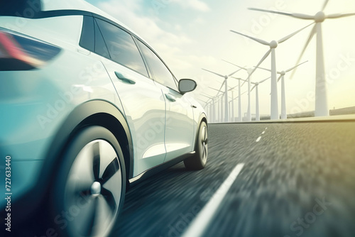 Electric Car Driving Past Wind Turbines