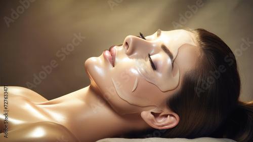 Close-up of the face of a relaxed young woman with closed eyes receiving a professional massage in a spa. A beautiful client with perfect skin is doing a massage. Healthy lifestyle concept