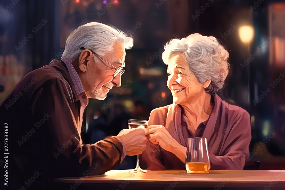 Elderly happy loving couple with cocktail glasses celebrating Valentine's Day at the bar. Old people in love drink in a bar.