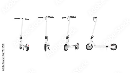 Eco-friendly electric scooter front, back, side, top and aerial view isolated on white background. Eco Transport. 3D rendering, environmental transport. Active lifestyle.