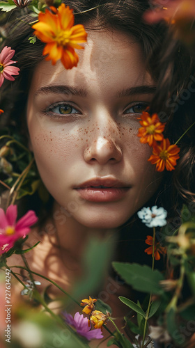 Beautiful girl with flowers in her hair  close-up portrait