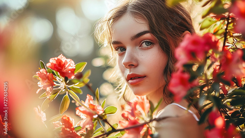 Portrait of a beautiful young woman in a blooming garden.