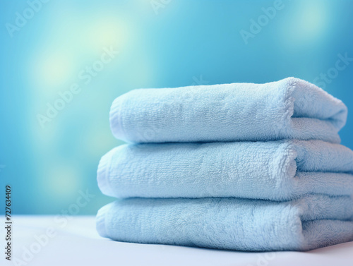 Light blue spa towels pile, bath towels lying in a stack on light blue peaceful background with copy space. 